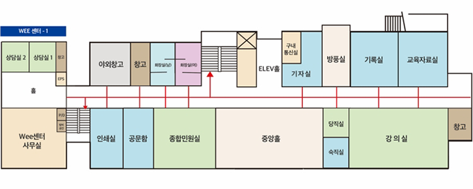 1층 : 남자화장실, 여자화장실, 기록관, 교육자료실, 문서실, 인쇄실, 종합민원실, 안내실, 숙직실, 강의실