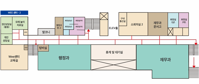2층 : 남자화장실1, 여자화장실1, 제2회의실, 청소년상담실, 남자화장실2, 여자화장실2, 행정과, 재무과 