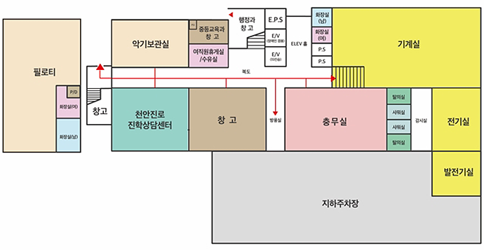 지하1층 : 화장실, Wee센터, 기계실, 총무실, 전기실, 발전기실